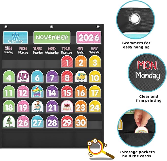 Mewise Monthly Calendar Pocket Chart with 92 Activity Cards for Kids,Simplified Calendar Pocket Chart for Kids Easy Learning,Classroom/Teacher Must Have Supplies/School Decor (Black English)
