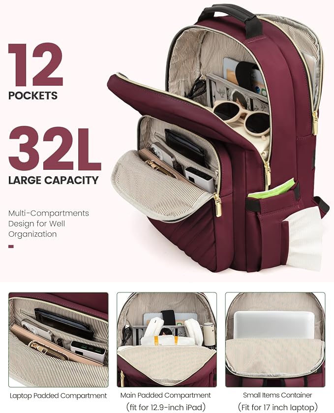 LOVEVOOK Laptop Backpack for Women, Large Travel Computer Work Bag, Business Teacher Nurse College Backpack Purse, Hiking Outdoor Carry On Backpack with 17.3-inch Laptop Compartment, Wine Red