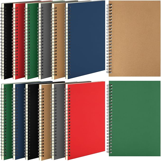 Leelosp 12 Pcs Small Spiral Notebook Lined Spiral Journal College Ruled Notebook Wire Bound Kraft Cover, 120 Pages for Work (Red,Green,Black,Blue,Brown,Gray,5.5 x 8.3 Inch)