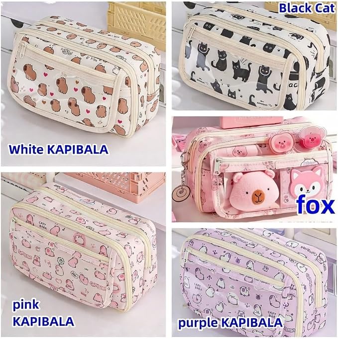 Cute Kawaii Pencil Case Pouch Cartoon Pen Box Holder Organizer for Office Workspace Supplies Desk Accessories Travel Essentials Aesthetic Trendy Cool Stuff Gift Large Capacity (Fox)