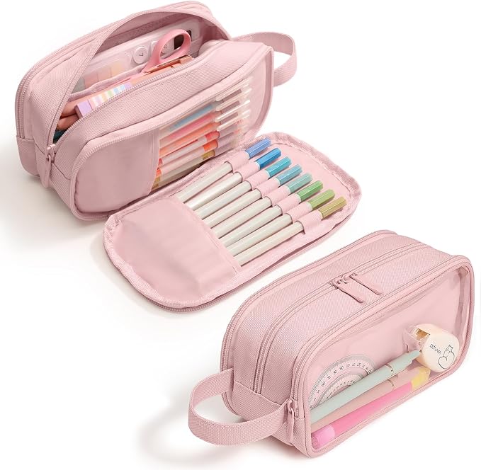 SUNEE Large Capacity Pencil Case with 3 Compartment, Extra Big Pencil Pouch, Pencil Bag with Clear Window, Pen Case School Supplies for Teens Adults Girls,Pink