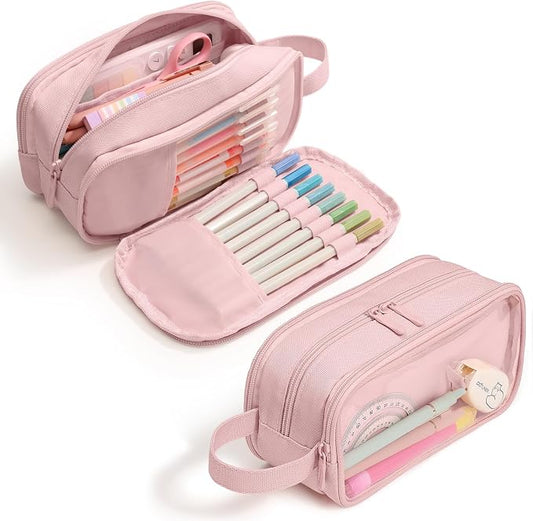 SUNEE Large Capacity Pencil Case with 3 Compartment, Extra Big Pencil Pouch, Pencil Bag with Clear Window, Pen Case School Supplies for Teens Adults Girls,Pink