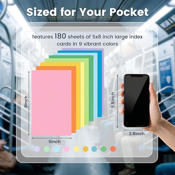 Koogel 180PCS Large Blank Index Cards 5x8, Colored Flash Cards Notecards for Back To School Learning Studying Classroom Office Note Taking Recipes Supplies, 9 Neon Colors