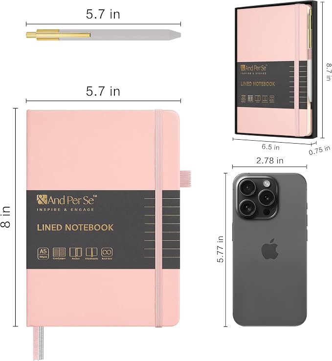 &And Per Se Lined Journal with Pen Set, A5 Leather Hardcover Notebook and Pen, 160 Pages 100GSM Thick Ruled Paper Journal for Writing (Pink)