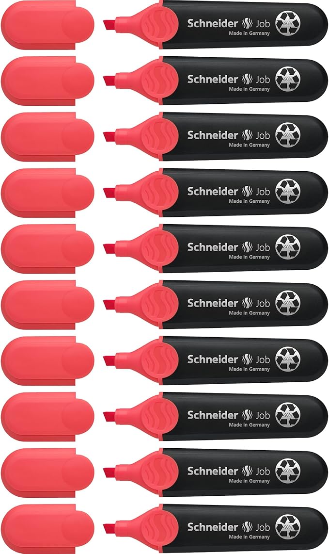 Schneider Job Highlighter, Chisel Tip, 1 + 5 mm, Black Barrel, Coral Ink, Box of 10 Highlighters (1502)