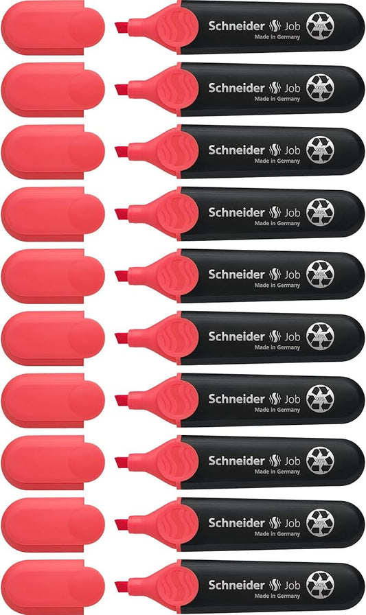 Schneider Job Highlighter, Chisel Tip, 1 + 5 mm, Black Barrel, Coral Ink, Box of 10 Highlighters (1502)