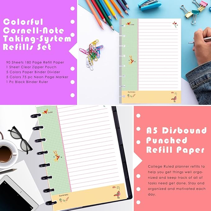 Rancco Junior Cornell Notebook Paper, 180 Pages 8 Rings Punched Half Letter Disc Paper Inserts w/Index Tabs, Index Dividers, Loose-Leaf Bag, Ruler For Circa, Arc, TUL, Happy Planner, 5.5x8.5"