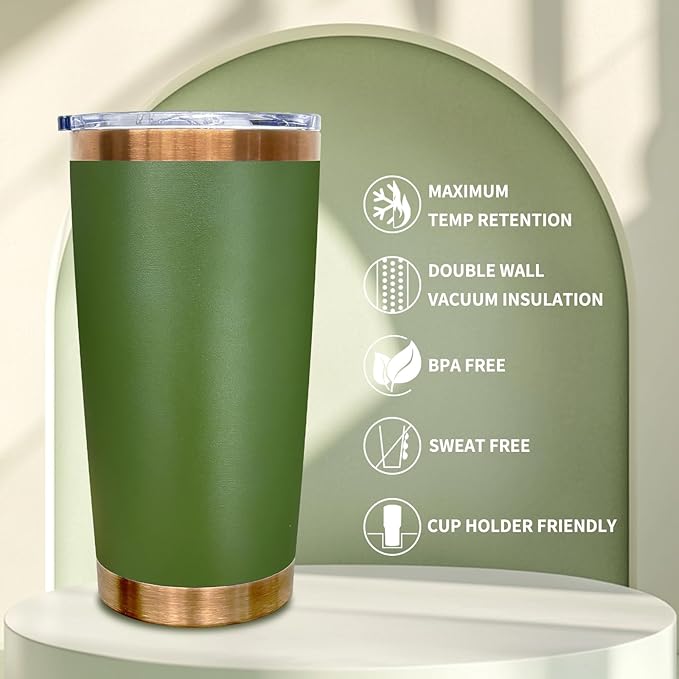 20 oz Tumbler Bulk 4 Pack Stainless Steel Tumblers with Lids and Straws, Double Wall Vacuum Insulated Travel Coffee Mug for Laser Engrave, Powder Coated Cups Hot and Cold Drinks (Army Green,4 pack)
