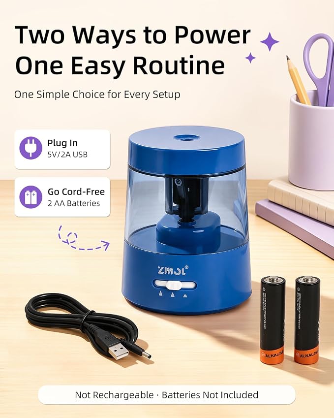 ZMOL Electric Pencil Sharpener, USB or 2 AA Powered, 6-8mm, Dark Blue