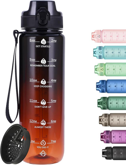 32oz Water Bottle with Time Marker, Motivational Drinking Bottle with Strap, BPA-Free Leak-Proof, Encouraging Water Bottle Time to Drink Water for Gym School Office Travel
