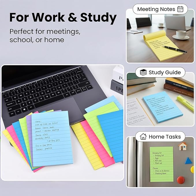 12 Pack Lined Sticky Notes 4x6 in Bright Colors Self-Stick Note Pads with Lines, Colorful Bulk Sticky Memo Pad for School, Office, Meeting