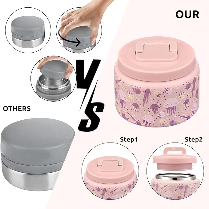 JXXM 8 Oz Thermo Food Jar for Hot & Cold Food for Kids, Insulated Lunch Containers Hot Food Jar,Leak-Proof Vacuum Stainless Steel Wide Mouth Lunch Soup Thermo for School (Pink-Jellyfish)