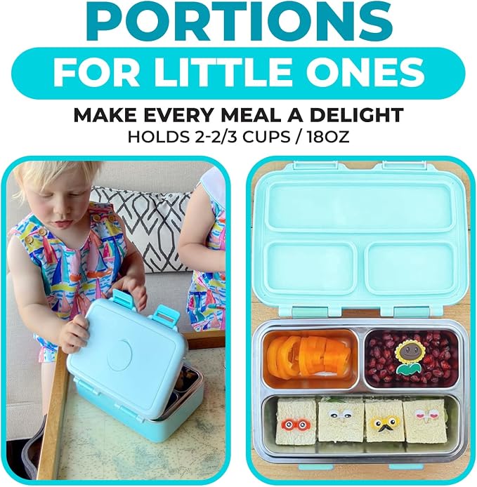 kinsho Small Stainless Steel Bento Box Lunch Container Baby Toddlers, Green | Small Bento, 3 Eco Metal Portion Sections, Silicone Seals, Leakproof Lid, Spill-Proof Meal Container for Pre-School & Daycare