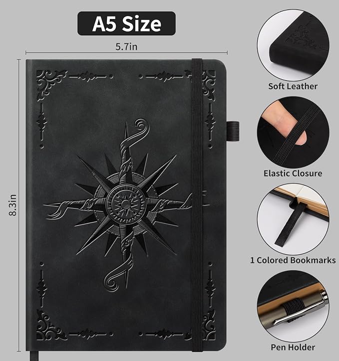 Dotted Journal Notebook, A5 200 Pages Leather Journals For Writing Women & Men Travel,Business,Work & School, College Ruled Notebooks Hardcover Journaling Notebooks Daily Diary, 5.7'' X 8.3''-Black