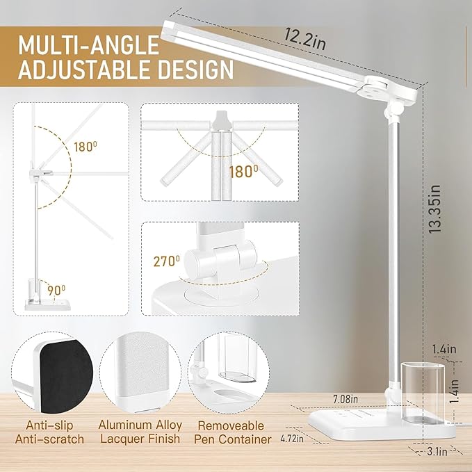 CHARYJOD LED Desk Lamp for Home Office, Eye-Caring Desk Light with USB Adapter, 10W 50 Lighting Modes Foldable Dual Swing Arm Architect Table Lamp Light for Reading, Study, Workbench, 45min Timer