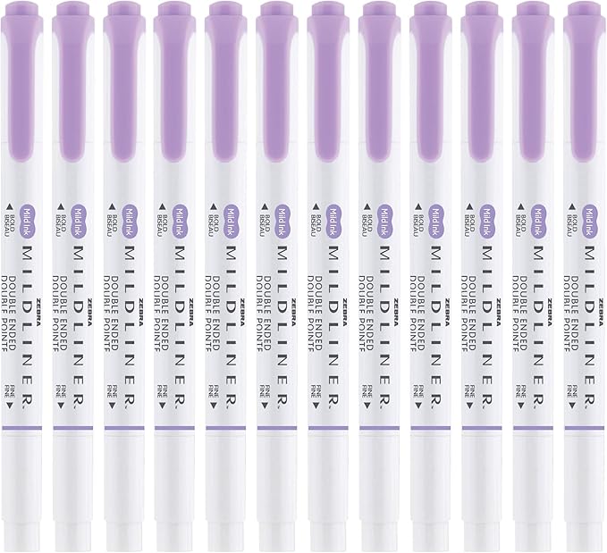 Zebra Pen Mildliner Dual-Tip Highlighters, Broad and Fine Tips, Ideal for Bible Highlighting, No Bleed, School Supplies, Teacher Supplies, and Office Supplies, Mild Violet Ink, 12-Pack (78180upc)