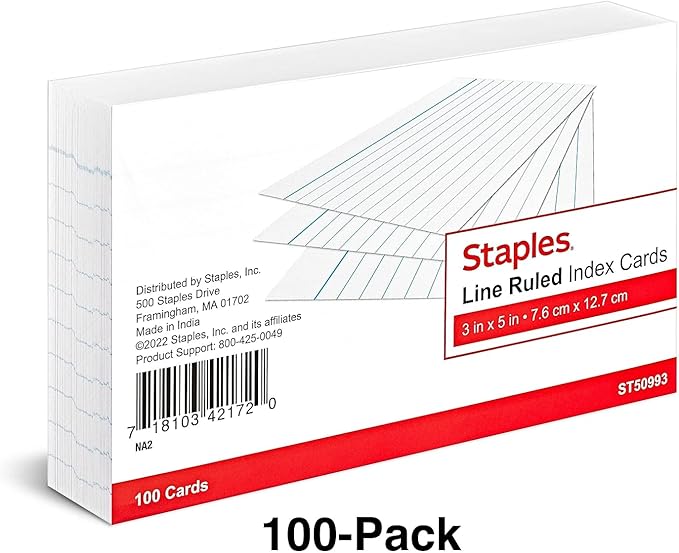 Staples Index Cards, 3" x 5", Lined, White – Classic Ruled Cards for Flashcards, Notes & Studying
