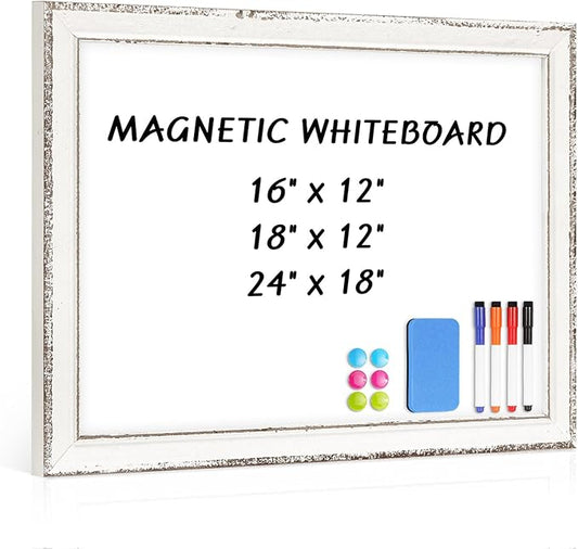 White Board for Wall, 16" x 12" Magnetic Dry Erase Board, Vintage Wooden Frame Decorative Whiteboard, Wall Mounted, White-Washed, Aesthetic Writing Board for Home, Office, School