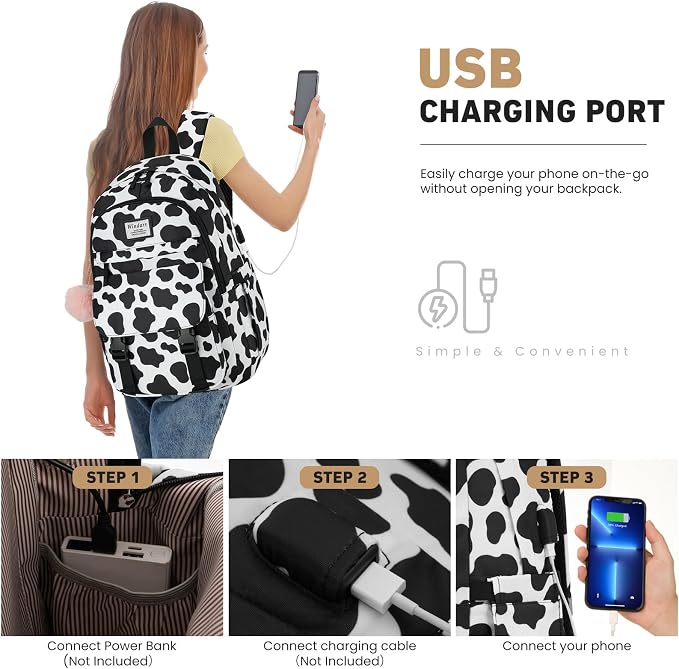 WINDARS School Backpack for Teen Girls, Cute College Backpacks for Women Students Aesthetic Bookbag Large 15.6 Inch Laptop Bag Middle School Travel Back Pack (Cow Print Black)