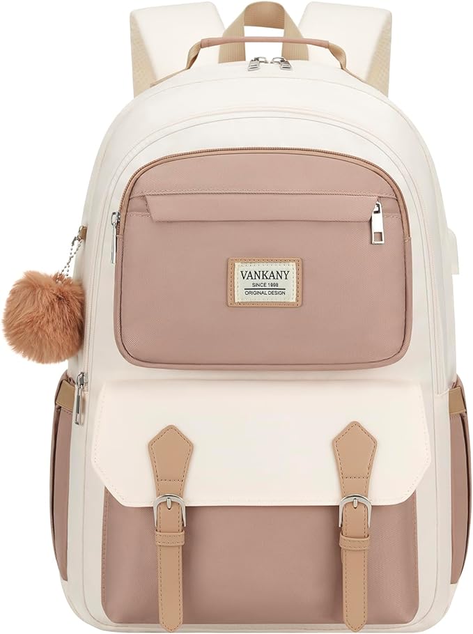 17.3in School Backpack for Teen Girls, Cute Laptop Bookbag for Women College Students Aesthetic Schoolbag Middle High School Travel Mochilas Niñas, Khaki Beige