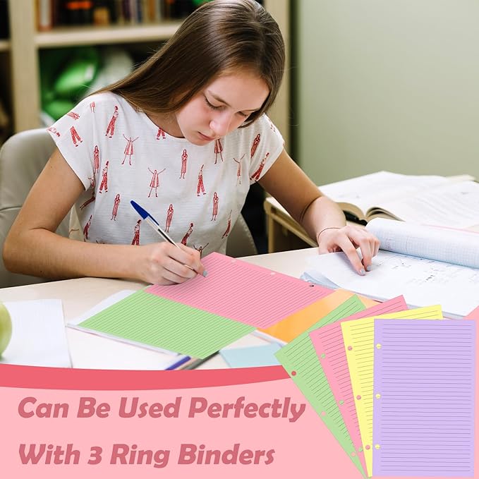College Ruled Paper 5.5 x 8.5 Colored Loose Leaf Paper Half Letter Lined Paper 3 Hole Punched 100 Sheet College Ruled Loose Leaf Notebook Paper lined paper binder refill Fits 3 Ring Binders For Office