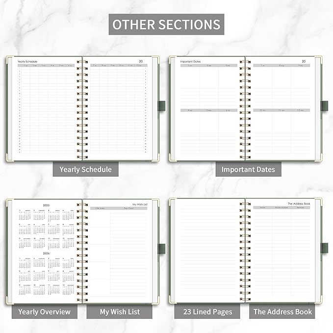 RETTACY Undated Planner, Weekly and Monthly, 53 Weeks and 12 Months, Medium Size (5.7" x 8.3"), 24 Self-adhesive Monthly Tabs, Hardcover, 100 GSM Thick Paper, Spiral-bound (Light Green)