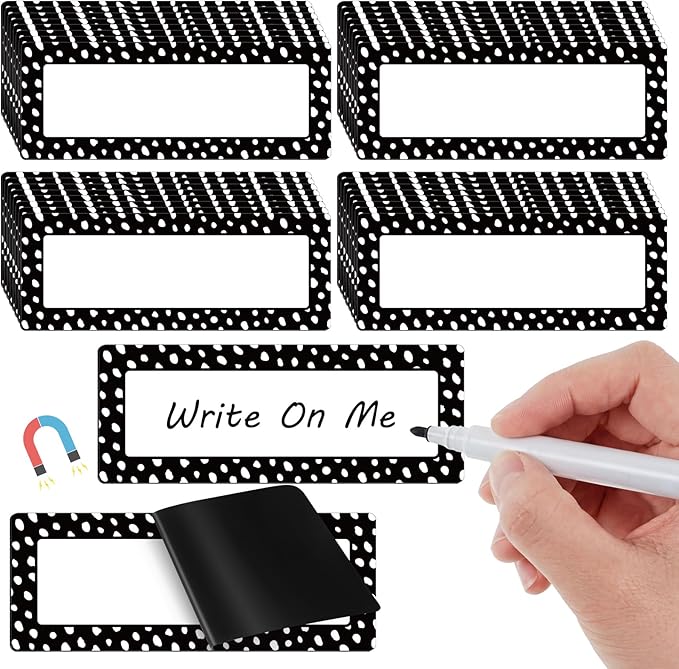 Eaasty 48 Pcs Dry Erase Magnetic Label Back to School Magnetic Name Labels Colored Black White Composition Dots Reusable Name Tag for Whiteboard Office Home(Not Include Pen)(Dots 2)