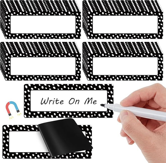 Eaasty 48 Pcs Dry Erase Magnetic Label Back to School Magnetic Name Labels Colored Black White Composition Dots Reusable Name Tag for Whiteboard Office Home(Not Include Pen)(Dots 2)