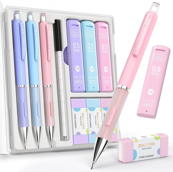 Four Candies 3PCS Cute Mechanical Pencils Set, 0.5mm with 360PCS Lead Refills, Pastel Erasers & Case, Preppy Aesthetic Kawaii Stationary for College Student Precision Note-Taking and Drafting