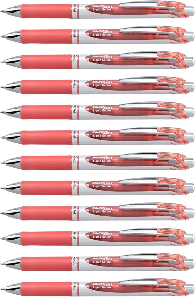 Pentel EnerGel RTX Retractable Liquid Gel Ink Pen, (0.7mm) Medium line, Coral Pink Ink, Box of 12 Pens (BL77-P3)