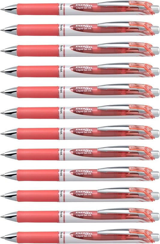 Pentel EnerGel RTX Retractable Liquid Gel Ink Pen, (0.7mm) Medium line, Coral Pink Ink, Box of 12 Pens (BL77-P3)