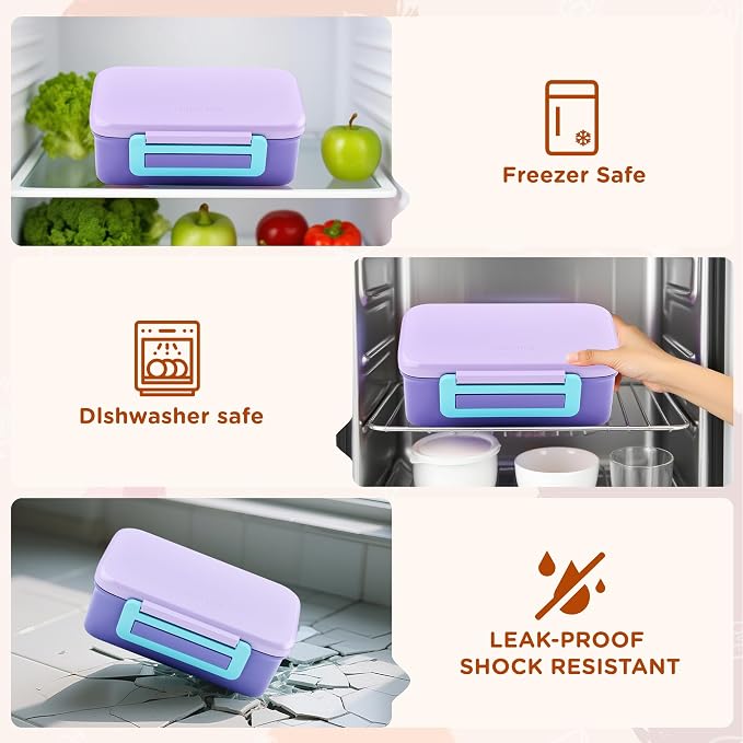 MAISON HUIS Bento Box for Kids with 8oz Soup Thermo, Insulated Lunch Bag & 17oz Water Bottle, 2-Compartment Bento Box with Built-In Ice Pack, Leak-Proof & BPA-Free (Purple)