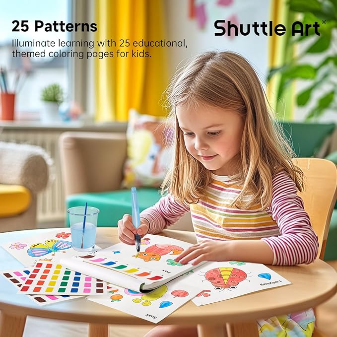 Shuttle Art Paint with Water Coloring Book for Kids, 25 Animals Themed Pages with 2 Brushes, Mess-Free Watercolor Paint Set, Travel-Friendly Art Craft Gift for Toddlers, Birthday Christmas Gift