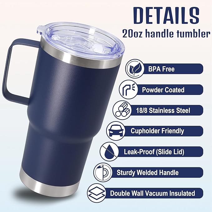 20 oz Tumbler with Handle and Lid, Stainless Steel Tumbler Insulated Travel Coffee Mug, Spill Proof Double Wall Vacuum Tumbler Cup Keep Drink Hot & Cold, Navy, 1 Pack