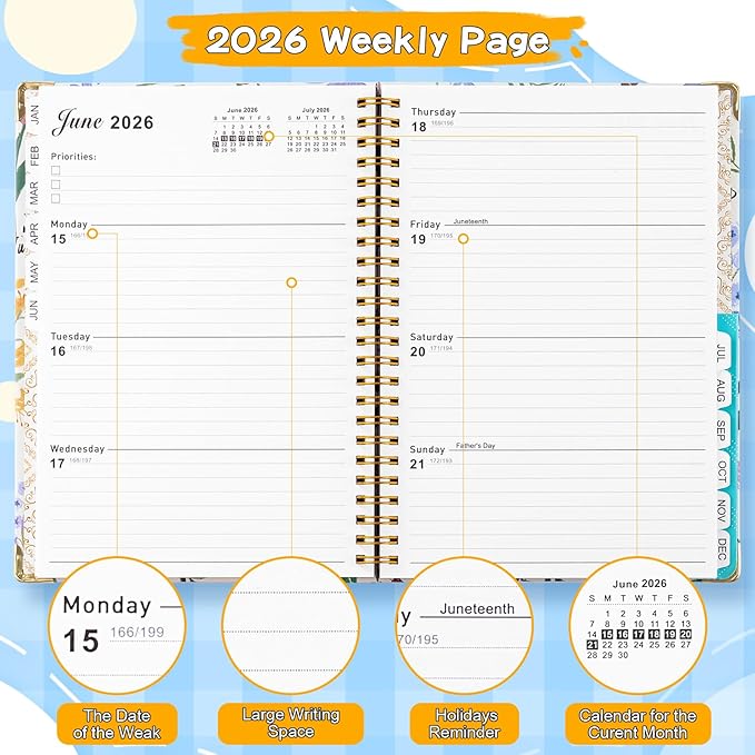 VinTS 2026 Planner, 8.5x5.8 Weekly Monthly Dated Planner, Jan-Dec.2026 Flower Hardcover Planner Agenda Organizers with pocket for Women Office Home