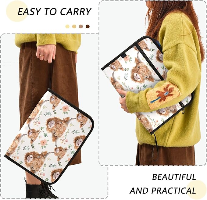 Watercolor Floral Highland Cows Pattern 13 Pocket File Organizer Expanding File Folder with Front Pouch Portable Business File Storage Document Organizer Folder with Zipper