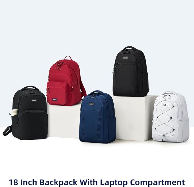 HanTrip 18 Inch Carry on Travel Backpack with Lots of Pockets, Black | 17 Inch Laptop Sleeve, Luggage Sleeve, Water Bottle Pocket, 30 Liter, Chest Strap, Water Resistant, 18x14x8 Medium Bookbag
