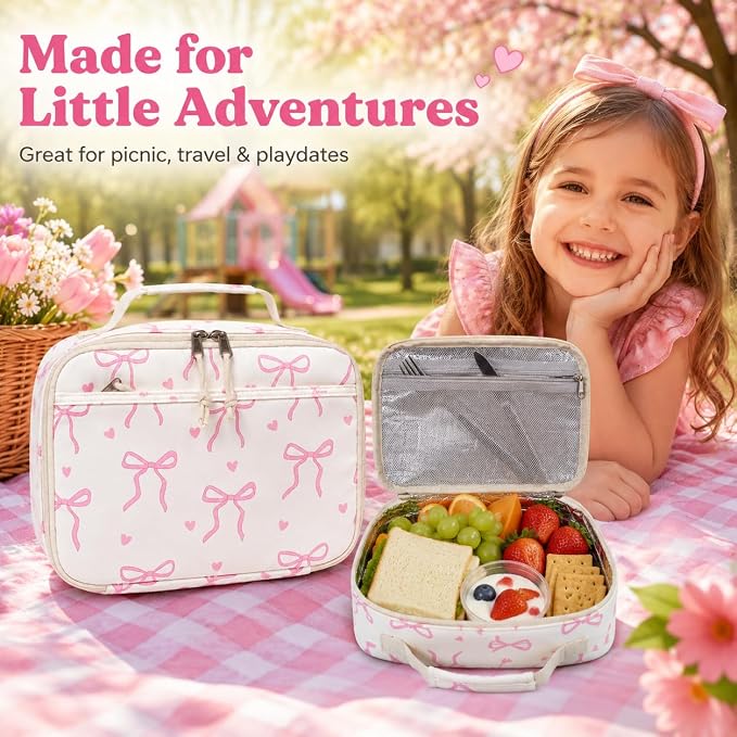 LOIDOU Backpack for Teen Girls Bookbags School Backpack with Lunch Box 2 in 1 School Bags Set (Bow Tie Beige)