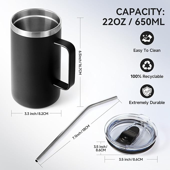 Volhoply 22oz Insulated Stainless Steel Coffee Mug with Leakproof Lid,Double Wall Vacuum Travel Coffee Cup with Handle,Reusable Metal Tumbler,Camping Mugs Keep Hot&Cold(Black,1)
