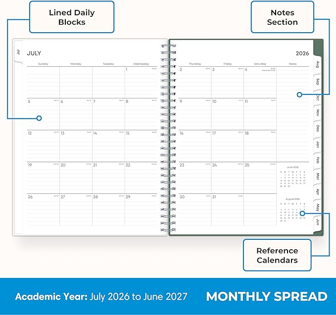 Blue Sky 2026-2027 Weekly and Monthly Academic Year Planner Calendar, July 2026 - June 2027, 8" x 10.875", Flexible Cover, Wirebound, Laminated Tabs, Seychelle