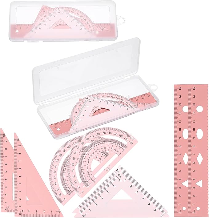 PATIKIL Geometry Set, 2 Pack 6 Inch Aluminum Ruler & 4 Triangles, Metal Protractor Ruler Math Drafting Measuring Tool for Home Office Math Drawing Engineering Art,Gradient Pink
