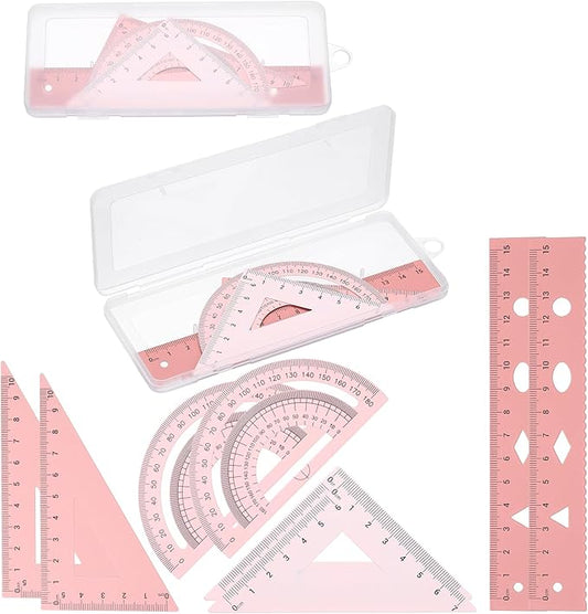 PATIKIL Geometry Set, 2 Pack 6 Inch Aluminum Ruler & 4 Triangles, Metal Protractor Ruler Math Drafting Measuring Tool for Home Office Math Drawing Engineering Art,Gradient Pink