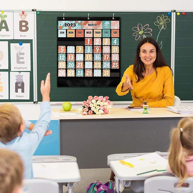 Classroom Calendar Pocket Chart – Boho Retro Groovy Bulletin Board Set with 103 Cards for Preschool, School Schedule, Teacher Must Haves, Kids Class Decor, Back to School