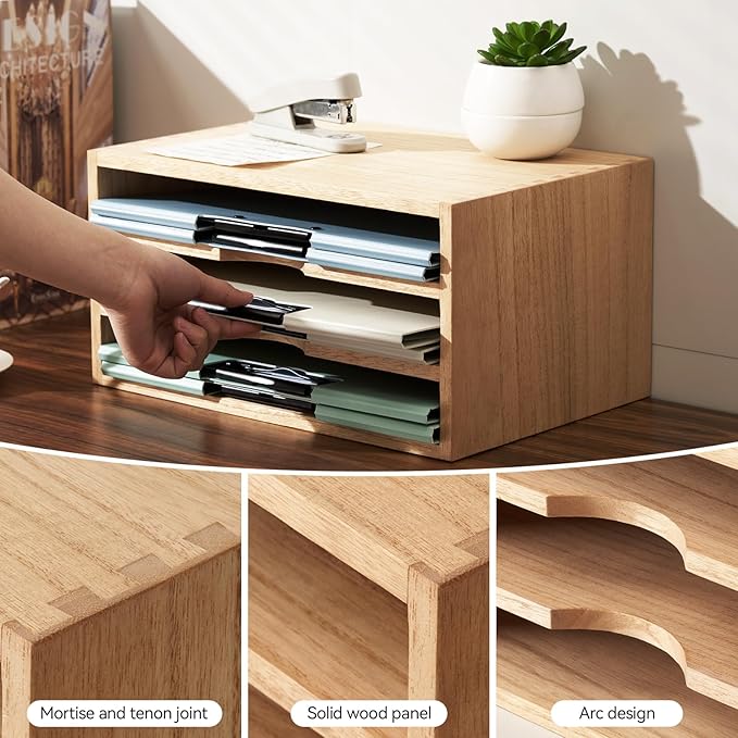 KIRIGEN Wooden Desktop Organizer, 3 Tier Solid Wood Letter Tray and Paper File Sorter for Desk, Freestanding Office Document Holder for Mail, Magazines, Folders, Natural 3KWJG-NA