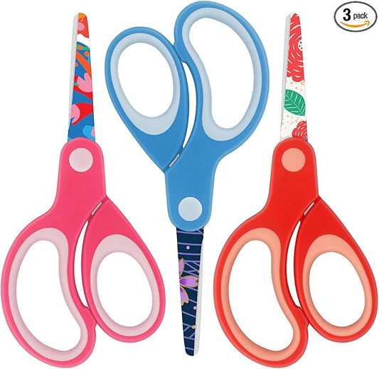 Asdirne Left Kids Scissors, Safety Children Scissors with Blunt Tip, Blades with Pattern, Great for Home and School, Assorted Color, 13.5cm, 3 Pack