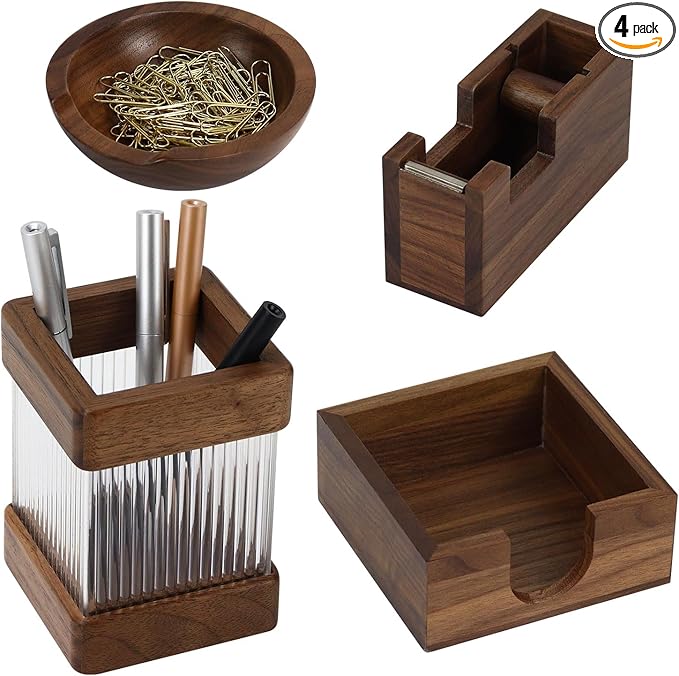 MultiBey 4pcs Walnut Office Supplies Desk Organizers, Wood Sticky Notes Holder Tape Dispenser Cutter Wooden Pencil Cup and Paper Clip Holder for Office Home School
