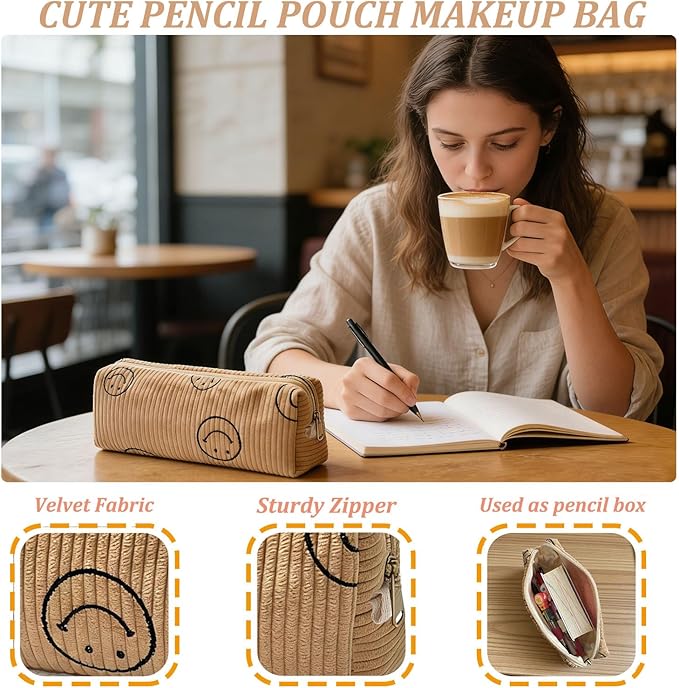 Pencil Pouch Cute Pencil Case Office Storage Bag Holder Box Organizer Aesthetic Bow Flower Pattern Makeup Pouch Cosmetic Bag for Women (KHAKI SMILE)