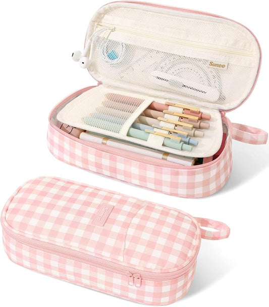 SUNEE Cute Pencil Case, Large Colored Pencil Pouch, Aesthetic Pen Bag with Zipper, Kawaii Stationery Storage and Organizer, School Supplies for Teen and Adult, Boys & Girls, Pink Checkered