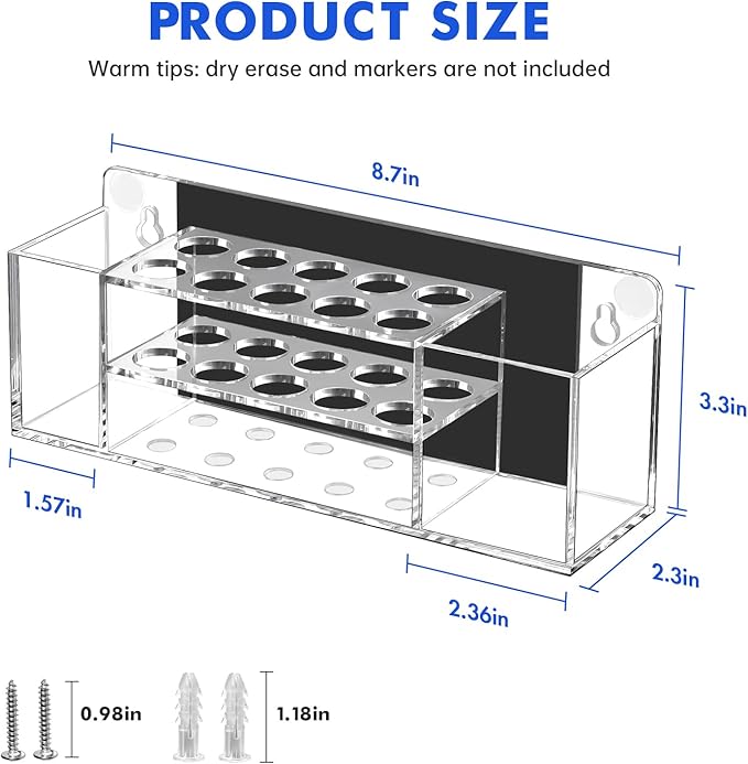 Magnetic Dry Erase Marker Holder for Whiteboard, Wall Mount Pen Holder for Refrigerator, Clear Pencil Holder for Fridge, Strong Magnet Locker Organizer for Classroom, Office