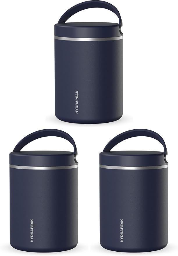 Hydrapeak 32oz Stainless Steel Vacuum Insulated Food Jar for Hot Food and Cold Food, Wide Mouth Leak-Proof Soup Jar for Adults, 10 Hours Hot and 16 Hrs Cold (Navy) (Pack of 3)